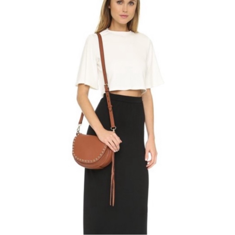 REBECCA MINKOFF UNLINED LEATHER STUDDED SADDLE BAG IN ALMOND